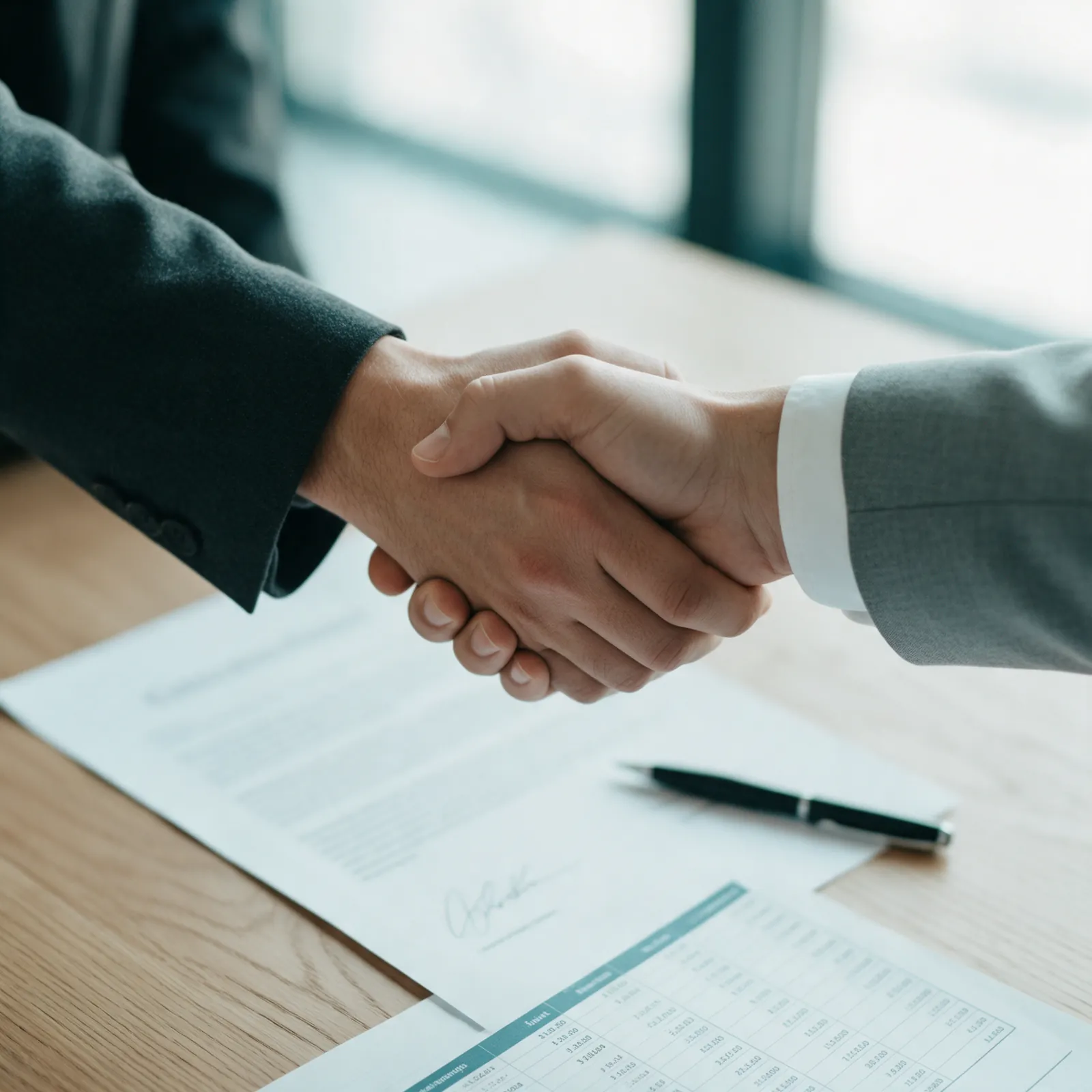Aperto de mãos sobre a mesa com contrato e planilha